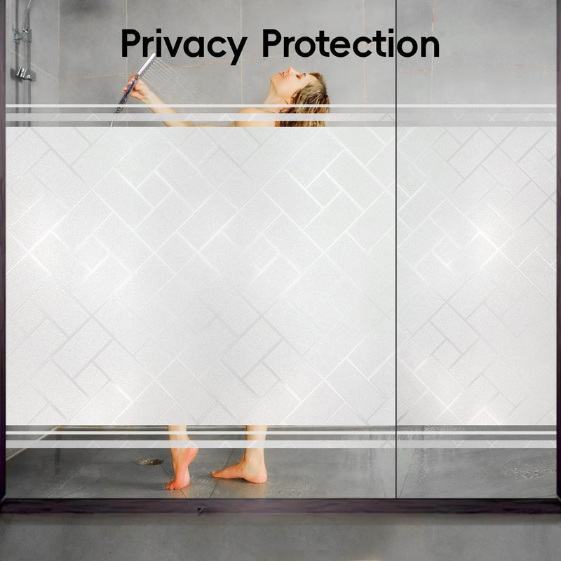 XHCN Frosted Glass Window Film Sun Blocking Window Tinting Film for Home, Static Clings Removable Frosting Bathroom Door Window Covering, 35.4 Inchx 196.8 Inch, White-Grid - Image 2